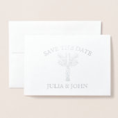 Palmboom handgetekende letters hart save the date  folie kaarten (Voorkant met envelop)