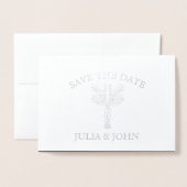 Palmboom handgetekende letters save the date folie kaarten (Voorkant met envelop)