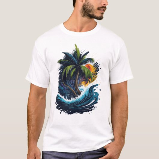 Palmboom in schilderstijl met zee golf t-shirt (Voorkant)
