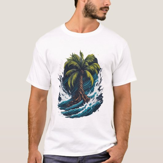 Palmboom in schilderstijl met zee golf t-shirt (Voorkant)