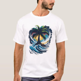 Palmboom in schilderstijl met zee golf t-shirt
