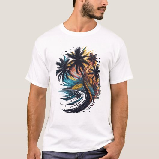 Palmboom in schilderstijl met zee golf t-shirt (Voorkant)