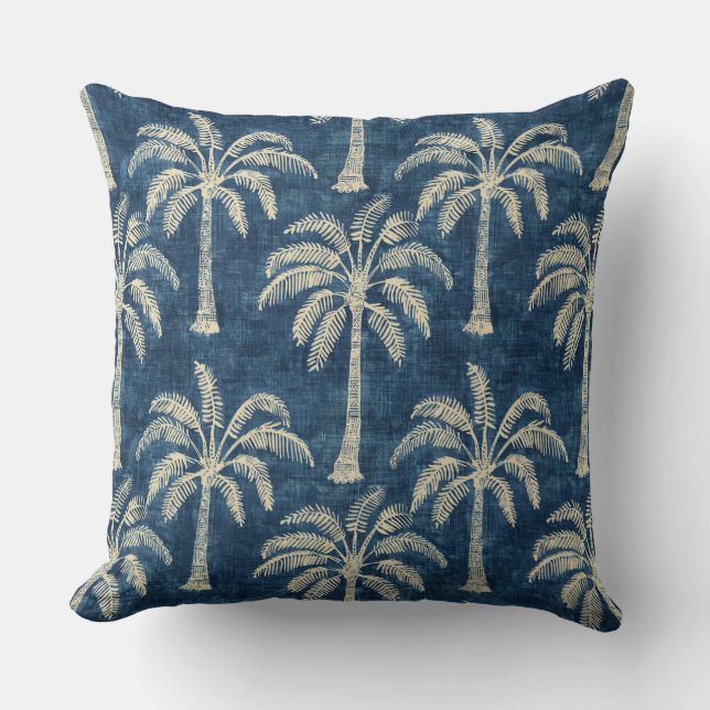 Palmboom Indigo Blauw & Crème Worp Kussen (Voorkant)