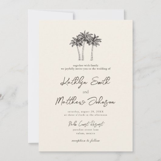 Palmboom Ivoor Minimalistisch Bestemming Bruiloft Kaart (Voorkant)