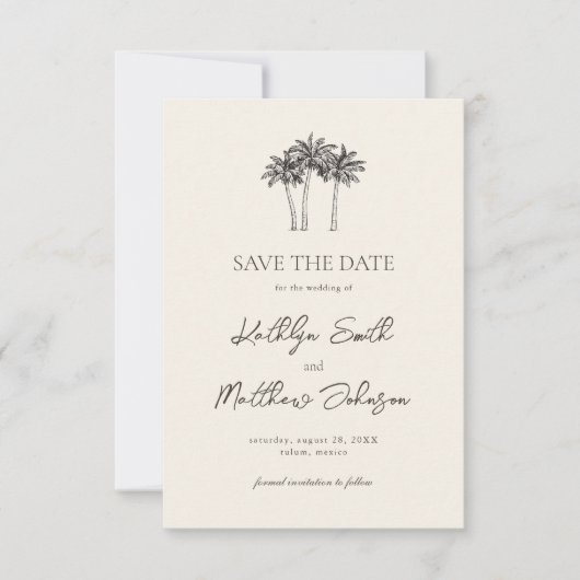 Palmboom Ivoor Minimalistisch Bestemming Bruiloft Save The Date (Voorkant)