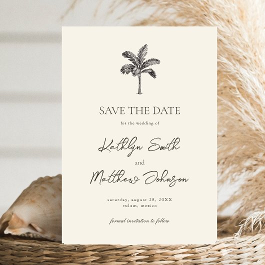 Palmboom Ivoor Minimalistisch Bestemming Bruiloft Save The Date