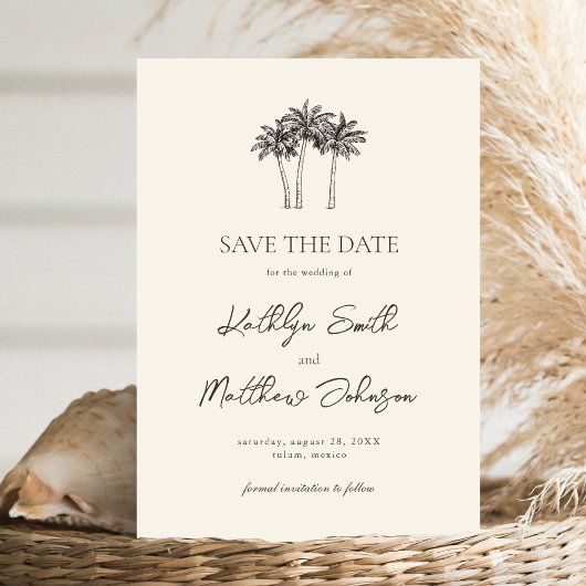Palmboom Ivoor Minimalistisch Bestemming Bruiloft Save The Date