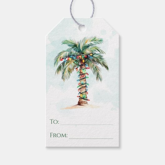 Palmboom met kerstverlichting van en naar het stra cadeaulabel (Voorkant)