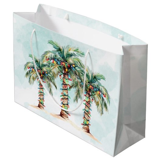 Palmboom met slingerlichtjes strand Kerstmis Groot Cadeauzakje (Achterkant Gekanteld)