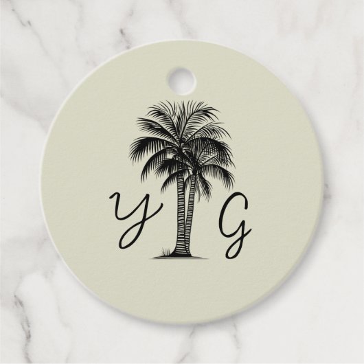  palmboom monogram bruiloft bedankjes labels (Voorkant)