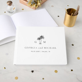 Palmboom Monogram Elegante Strandbruiloft Gastenboek