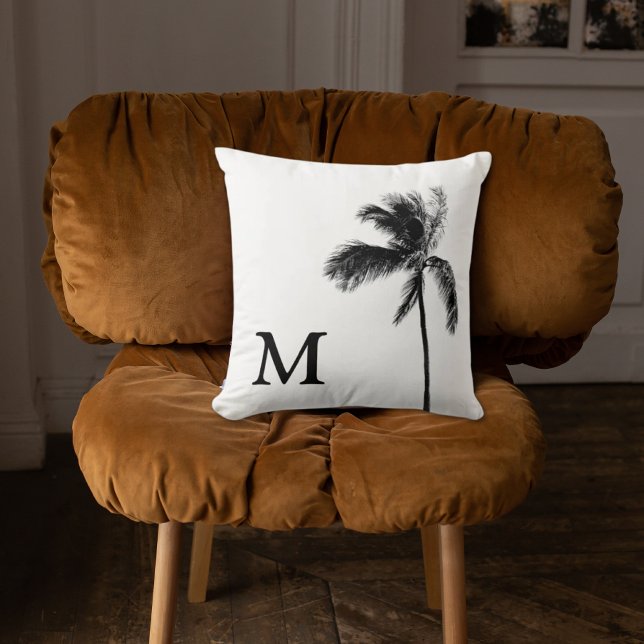 Palmboom Monogram Zwart-wit Sierkussen (Palm Tree Monogram Black & White Throw Pillow)