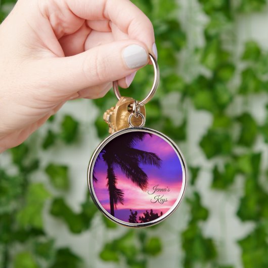 Palmboom N Paarse zonsondergang Sleutelhanger (Hand)