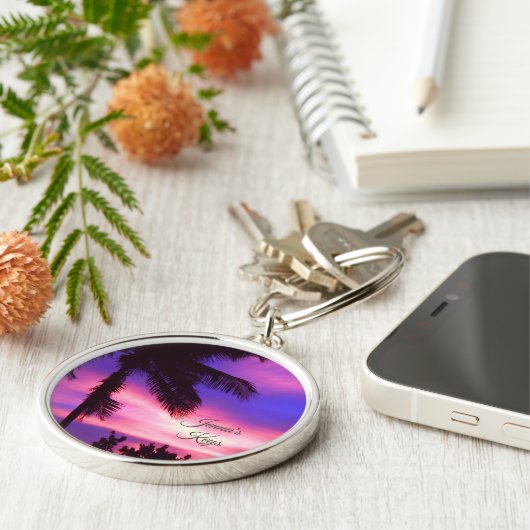 Palmboom N Paarse zonsondergang  Sleutelhanger (Zijkant)