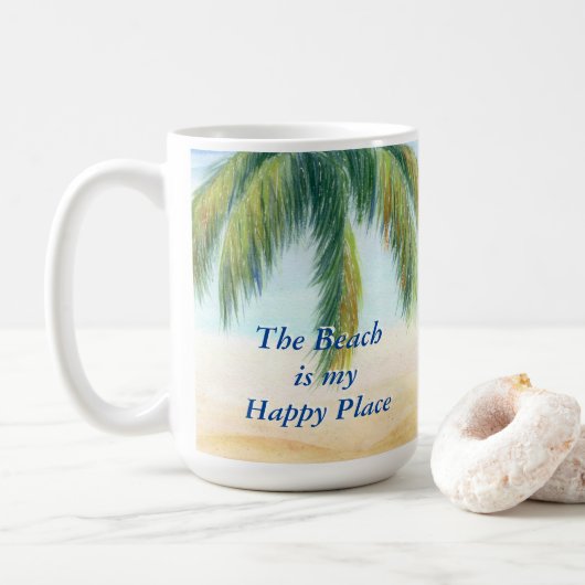 Palmboom op een zonnige dag op het strand koffiemok (Met donut)