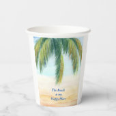 Palmboom op een zonnige dag op het strand papieren bekers (Achterkant)