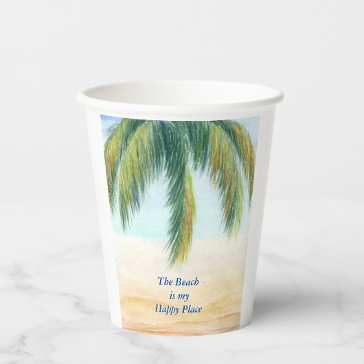 Palmboom op een zonnige dag op het strand papieren bekers (Voorkant)