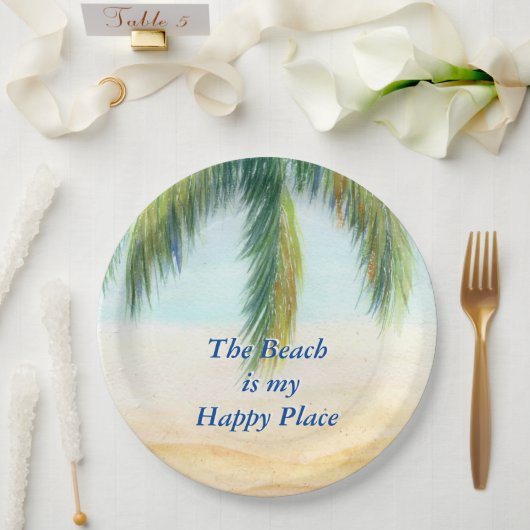 Palmboom op een zonnige dag op het strand papieren bordje (Huwelijk)