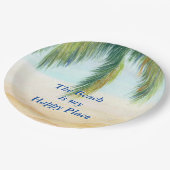 Palmboom op een zonnige dag op het strand papieren bordje (Gekanteld)