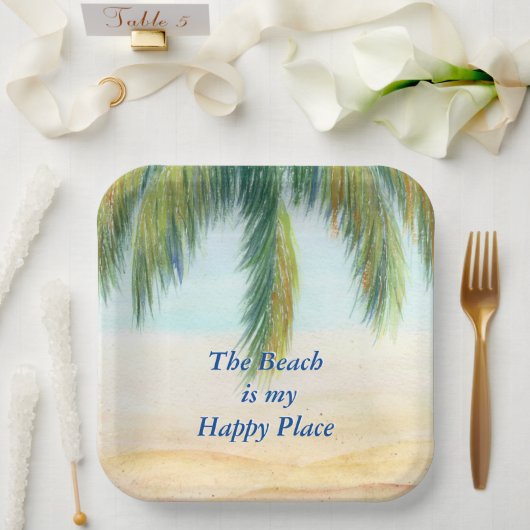 Palmboom op een zonnige dag op het strand papieren bordje (Huwelijk)