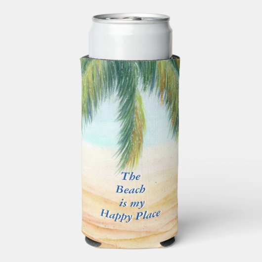 Palmboom op een zonnige dag op het strand seltzer blikjeskoeler (Seltzer Achterkant)