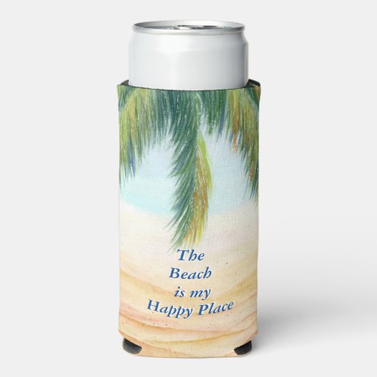 Palmboom op een zonnige dag op het strand seltzer blikjeskoeler (Seltzer Voorkant)