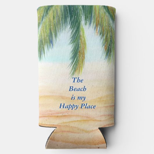 Palmboom op een zonnige dag op het strand seltzer blikjeskoeler (Achterkant)