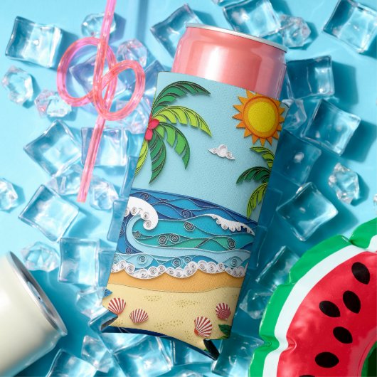 Palmboom op het strand  seltzer blikjeskoeler (Insitu Zomer)