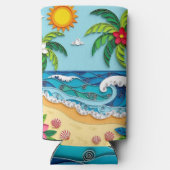 Palmboom op het strand  seltzer blikjeskoeler (Achterkant)