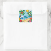 Palmboom op het strand vierkante sticker (Tas)