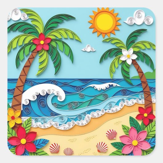 Palmboom op het strand vierkante sticker (Voorkant)