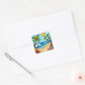 Palmboom op het strand vierkante sticker (Envelop)