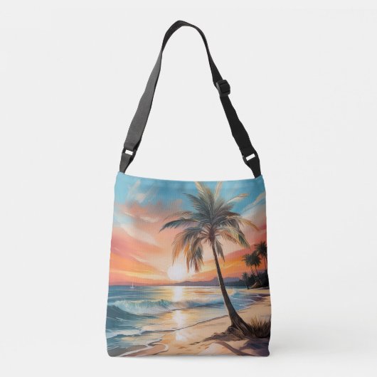 Palmboom op tropisch strand bij zonsondergang crossbody tas (Achterkant)