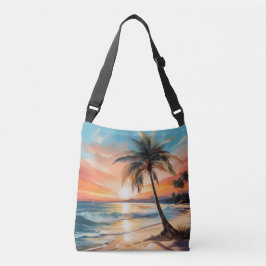 Palmboom op tropisch strand bij zonsondergang crossbody tas