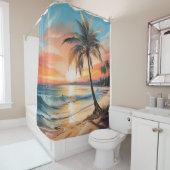 Palmboom op tropisch strand bij zonsondergang douchegordijn (In situ)