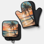 Palmboom op tropisch strand bij zonsondergang ovenwant & pannenlap set (Voorkant / Achterkant)