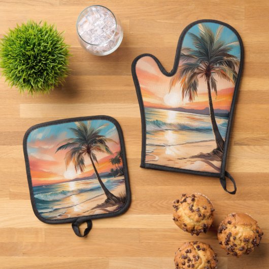 Palmboom op tropisch strand bij zonsondergang ovenwant & pannenlap set (Top down)