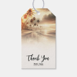 Palmboom & Oranje Zonsondergang Strand Bruiloft Cadeaulabel