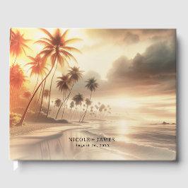 Palmboom & Oranje Zonsondergang Strand Bruiloft Gastenboek