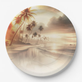 Palmboom & Oranje Zonsondergang Strand Bruiloft Papieren Bordje