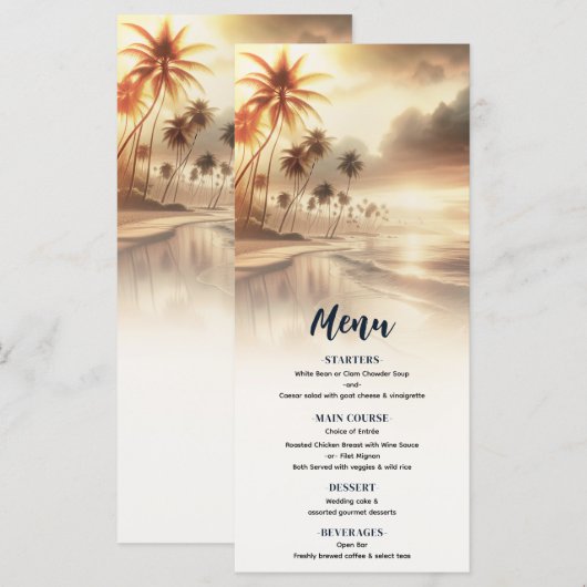 Palmboom & Oranje Zonsondergang Strand Bruiloftsme Menu (Voorkant / Achterkant)
