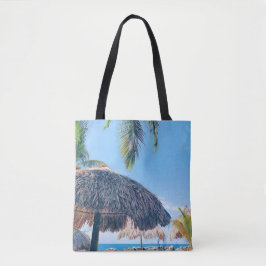 Palmboom, Palapa & Blauwe hemel op Curacao Beach Tote Bag