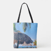 Palmboom, Palapa & Blauwe hemel op Curacao Beach Tote Bag (Achterkant)
