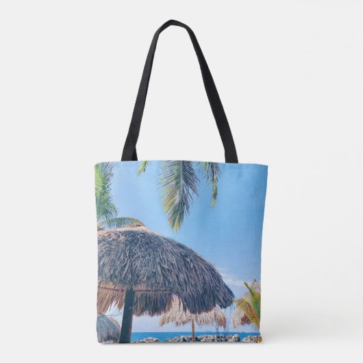 Palmboom, Palapa & Blauwe hemel op Curacao Beach Tote Bag (Achterkant)