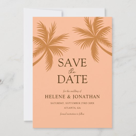 Palmboom perzik tropische bestemming bruiloft save the date (Voorkant)