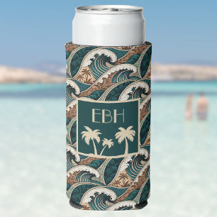 Palmboom Polynesische golven Vintage strand monogr Seltzer Blikjeskoeler