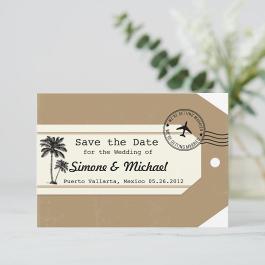 Palmboom reis thema Bagage Label Save the Date (Staand voorkant)