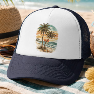 Palmboom - Retro Stijl Tropisch Strand Zon Zomer Trucker Pet