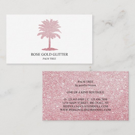 Palmboom Roos Goud glitter roze Elegant Visitekaartje (Voorkant / Achterkant)