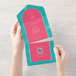 Palmboom Roze Blauwe Beach Weddenschap QR-code RSV All In One Uitnodiging
